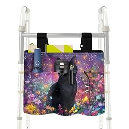 Luarisgur Cat Daisy Print Wheelchair Basket Pouch Gift for Elders and Family Waterproof Folding Walker Accessories Bag Walker Basket with Cup Holder (Not Fit Rollator Walkers)