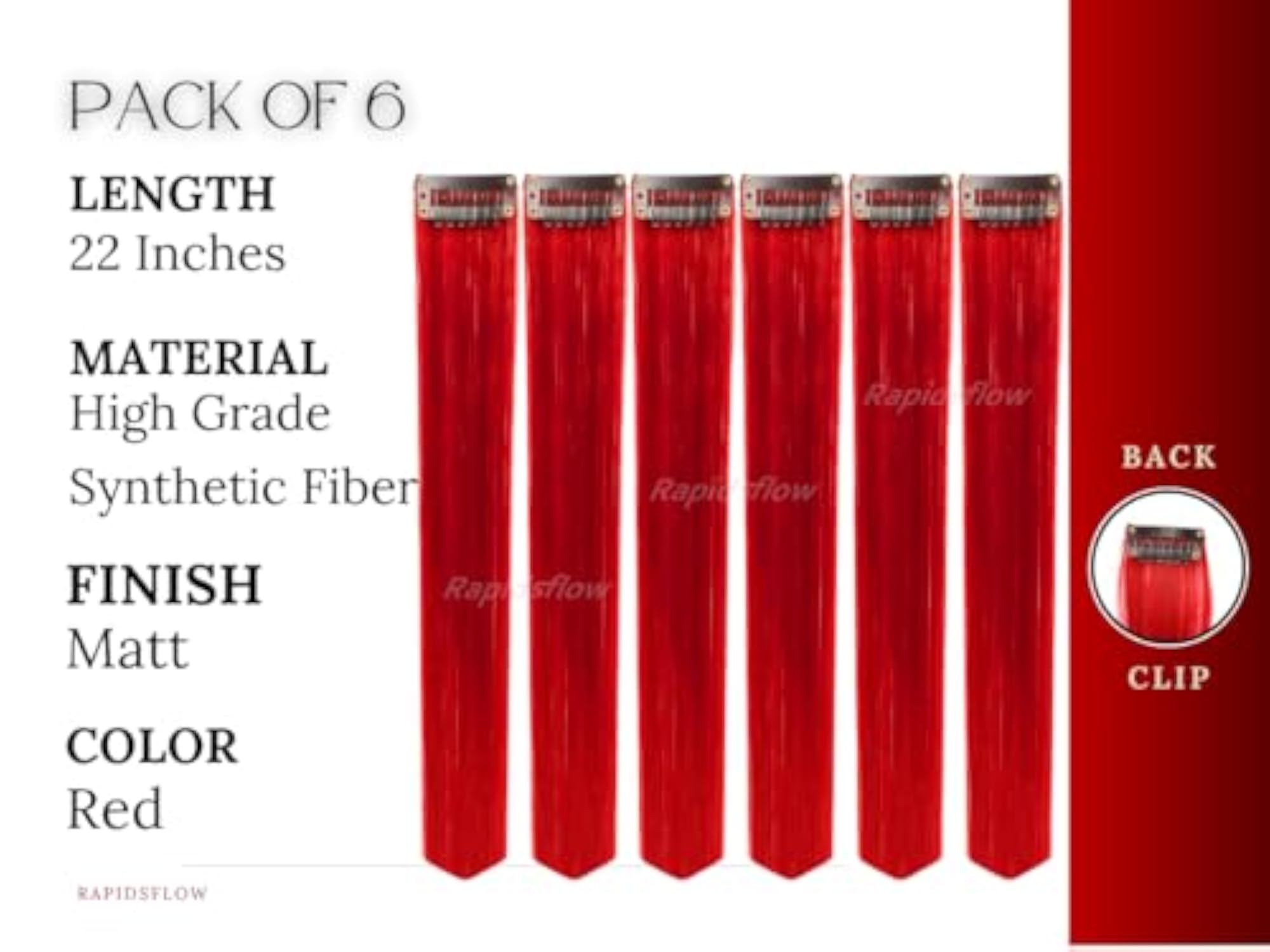 20-Inch Red Colored Hair Streak Extensions, Synthetic