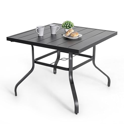 Image of NUU GARDEN 37 inch Outdoor Patio Table, 4 Person Steel Slat Square Dining Table with 1.57 inch Umbrella Hole, Slatted Top and Powder Coated Iron Frame for Patio, Garden and Balcony, Black