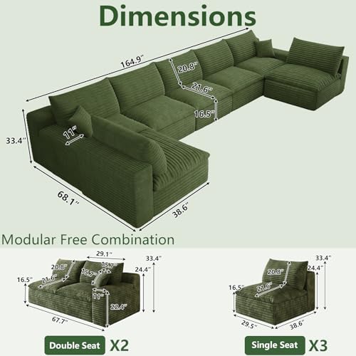 Image of 165 inch Cloud Couch Modular Sectional Sofa for Living Room, U-Shape Boneless Couch with Deep Seat, Modern Corduroy 7-Seater, No Assembly Required, Green