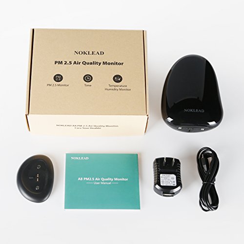 NOKLEAD Air Quality Monitor PM2.5 Temperature Rh Humidity Meter with Time for Home Office School Hospital, Powered via Built-in 1000mAh Lithium Battery or USB Port with Charging Dock (Black)