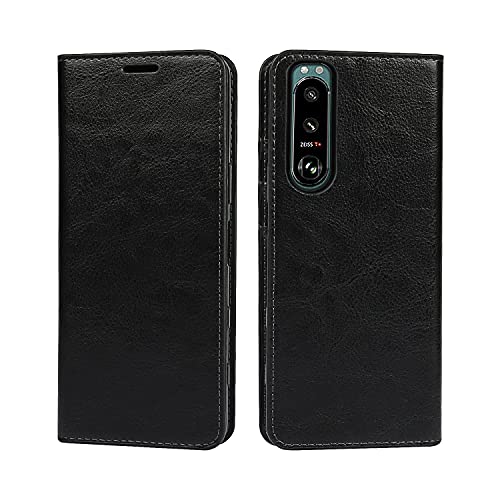 DeftD Xperia 5 III SO-53B SOG05 ケース 手帳型 本革 レザー エクスペリア 5 III ケース 手帳型 Xperia 5 III ケース カバー 手帳型 耐衝撃 マグネット無し開閉 カード収納 スタンド機能 スマホケース ブラック