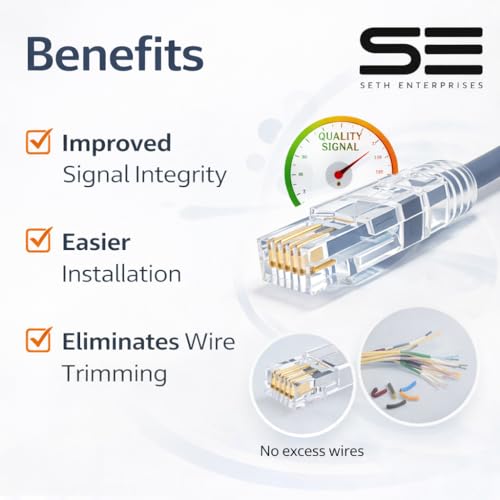 Image of RJ45 CAT5 Pass Through Connectors 50pcs | High Speed Ethernet Crimp Plug for LAN Cable, & UTP Network Ends for Solid and Standard Wire | Easy Termination Connector for Router Setup