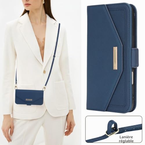 Cavor Coque Compatible avec iPhone 14 Pro Max Etui avec Cordon,Flip Portefeuille Étui Cuir,[5 Porte Cartes][Miroir][Magnétique][Réglable Collier] Housse - Bleu – vue 5