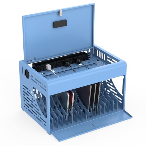 Image of 16-Device Laptop Charging Station for 13 inch Chromebook and iPad, Wall-Mount /Desktop Charging Cabinet Lock Box with Cable Management, 2 Locks, Ideal for Classrooms, Offices & Hospitals (Blue)