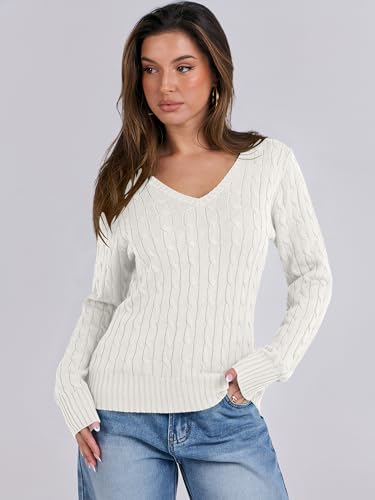 Anrabess Women'S Long Sleeve V Neck Cable Knit Sweater Jumper 2024 Fall Pullover Top Cute Soft Ladies Dressy Casual Outfits Cream White Medium thumb #1