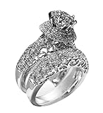 2 Pcs High Luxury Jewelry Fashion 925 Sterling Silver Shiny Full Diamond AAA Cubic Zirconia Solitaire Rings CZ Diamond Ring Set Eternity Engagement Wedding Band Set Women Hollow Cocktail Ring (8)