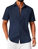 COOFANDY Mens Shirts Short Sleeve Summer Cotton Shirt for Men Adult Regular Fit Casual Men's Holiday Beach Tops with Pocket Navy Blue L