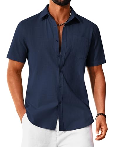 COOFANDY Mens Shirts Short Sleeve Summer Cotton Shirt for Men Adult Regular Fit Casual Men's Holiday Beach Tops with Pocket Navy Blue XL