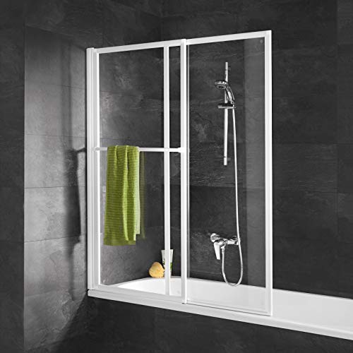 Schulte Duschwand für Badewanne D1130 04 50 Duschabtrennung mit Handtuchhalter, ausziehbar 70 – 118 cm, 140 cm hoch, 3 mm Sicherheitsglas Klar hell, alpinweiß