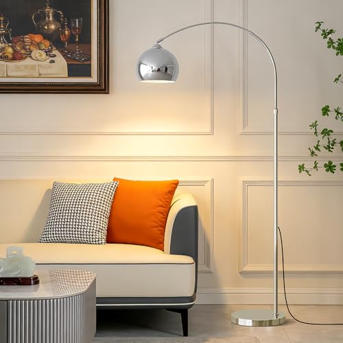 yuhaptomer Glossy Chrome Silver Arc Floor Lamp with 12W LED Remote Dimming