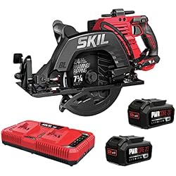 1 of SKIL 2x20V PWR CORE 20 Brushless 7-1/4” Rear Handle Circular Saw Kit Includes Two 5.0Ah Batteries and Dual Port Auto PWR Jump Charger-CR5429B-20, Red