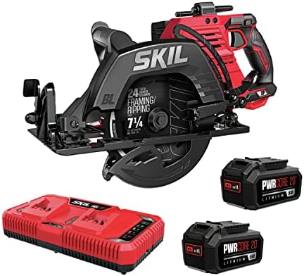 SKIL 2x20V PWR CORE 20 Brushless 7-1/4” Rear Handle Circular Saw Kit Includes Two 5.0Ah Batteries and Dual Port Auto PWR Jump Charger-CR5429B-20, Red