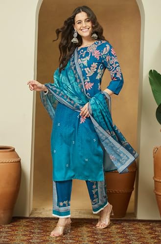 Image of Janasya Women's Cotton Blend Floral Printed Straight Kurta Set