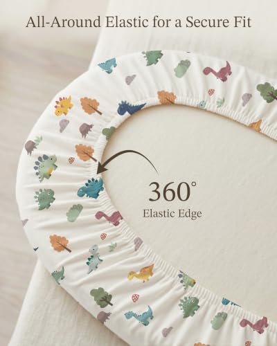 Image of Bassinet Sheets for Baby Girls Boys 2 Pack, Fitted Baby Mattress Sheet for Rectangle, Oval, Hourglass Bassinet Mattress, Breathable Cozy & Universal Fit (Sage Dino, Bassinet Sheet)