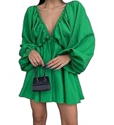 OMZIN Women Sexy Deep V Neck Dress Puff Long Sleeve Mini Dress Backless High Waist Short Dress Su...