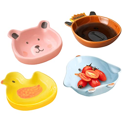 WAYUTO 4Pcs Cute Animal Sauce Dishes Dipping Bowls Side Dish Bowls Seasoning Dishes Ceramic Small Appetizer Dishes Dip Bowls Dessert Bowls for Sushi Ketchup Salsa Dressings Soy Salt Snack