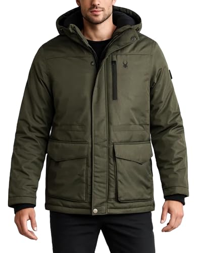 Image of Spyder Mens Winter Coats - Polar Fleece Jacket Parka Down Winter Coat Wind Resistant Waterproof Hooded Jackets for Men, Size Medium, Olive
