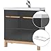 Produktbild Lomadox Badmöbel Waschtisch Set mit Unterschrank in Hochglanz grau & Wotaneiche, 81cm Keramik-Waschbecken, Softclose-Türen, B/H/T 81/85/46cm
