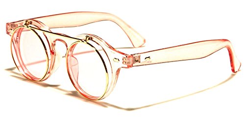 Retro Round Flip Up Steampunk Sunglasses (Pink Crystal & Gold Frame, Pink)