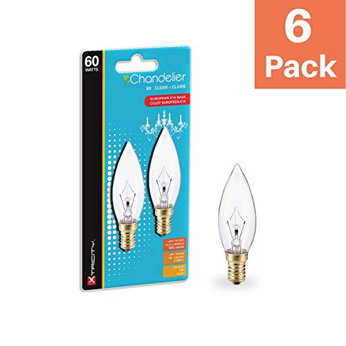60W B9 Incandescent Clear Chandelier Light Bulb, Torpedo Tip, E14 European Base, 600 Lumens, Dimmable, 130V, (6 Pack) #TOP1