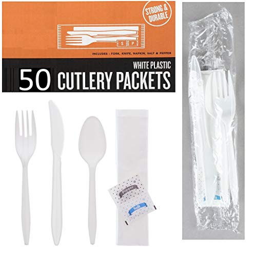 50 Plastic Cutlery Packets - Knife Fork Spoon Napkin Salt Pepper Sets | White Plastic Silverware Sets Individually Wrapped Cutlery Kits, Bulk Plastic Utensil Cutlery Set Disposable To Go Silverware