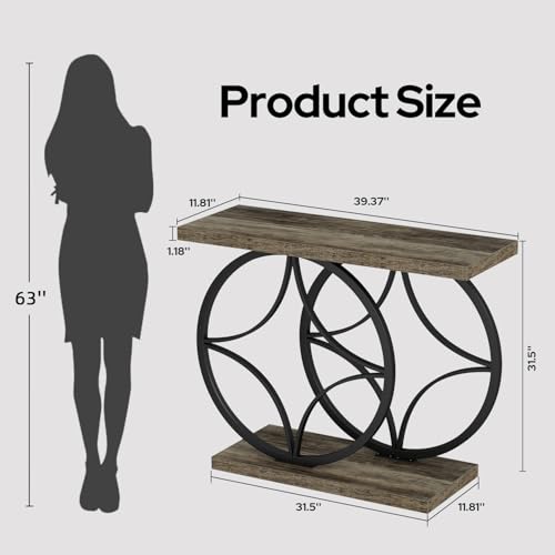 39.4" Entryway Table, Industrial Console Table for Entryway with Anti-Tilt Design, Narrow Wood Accent Sofa Table Behind Couch with Double Circle Base for Hallway, Living Room, Foyer (Industrial Grey) by knoworld - Image 2