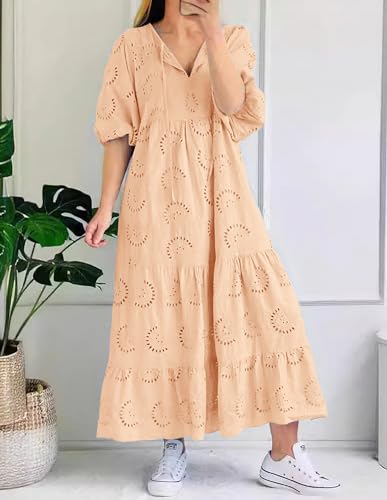 Image of chouyatou Women's Summer Loose Floral Lace Eyelet Dress Boho Casual Notch Neck Maxi Tunic Beach Dress