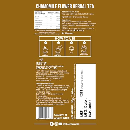 BLUE TEA - Chamomile Tea - 30 g - 30+ Cups | SLEEP & RELAXATION | Herbal Tea - Caffeine Free - Flower Based - Non-Bitter - Non-GMO | Featured In Shark Tank | Reusable Pet Jar 8 41YdScQEmQL