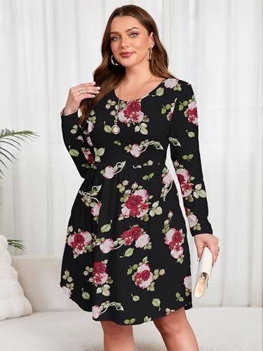 Image of AusLook Women's Plus Size Long Sleeve Midi Dress Casual Empire Waist Loose Flowy Dresses A-Line Boho Long Dress with Pockets