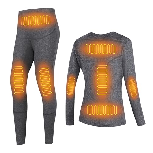 Gueploer Conjunto De Ropa Interior Térmica Eléctrica para Mujeres, Camiseta Y Pantalones Térmicos De 8 Zonas De Calentamiento para Trabajo Al Aire Libre,Gris,S