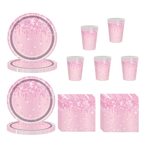 60 Pcs Pink Party Tableware Set for Her,Girl,Women,Pink Paper Plates Pinks Paper Cups and Napkins,Sparkling Pinks Papers Dinnerware Kit for Birthday Tableware,Wedding,Baby Shower Party PinkTableware
