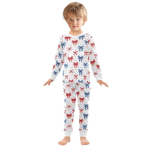 Cartoon Pajamas Set Bow with America Flag Stars Long Sleeve PJs Cotton Jammies Sleepwear Top and Pants Multicolor3