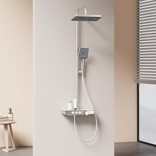 EMKE Duschsystem mit Thermostat, Chrom Duschsystem mit Thermostatische Platte, Duschset Handbrause 3 Strahlarten, Regendusche mit Armatur, Duschgarnitur Kopfbrause, Duscharmatur Komplettset
