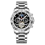 GLENAW Automatic Mens Watches Mechanical Skeleton Watch for Men Tourbillon Luxury Self Winding Dress Wrist Watches Moon Phase Waterproof Luminous (8955-Silver Black)