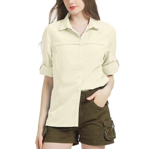 Bluse Damen UPF 50 UV Schutz Langarmshirt Shirt Safari Kleidung Damen Atmungsaktiv Quick Dry Outdoor Wanderhemd Casual Tops Sport Oberteile Light khaki-L-5077