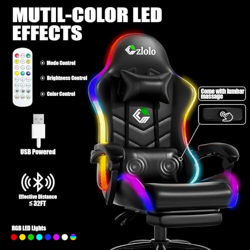 Image of Czlolo Gaming Chair, RGB LED Lights Computer Chair with Footrest, Lumbar Support Massager Gamer Chair, High Back, 90-135 Reclining, Linkage Armrests, Black