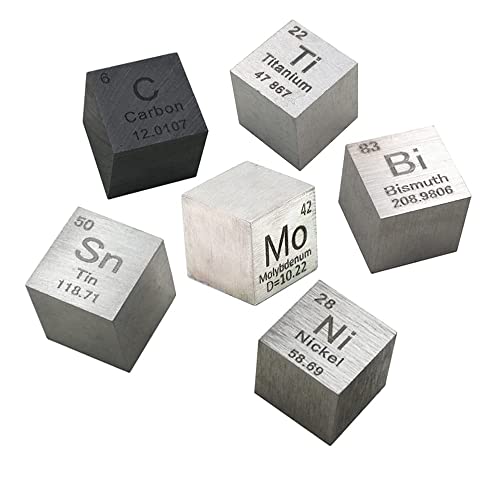 6-teiliges Element-Würfel-Set, 10 mm Dichtewürfel, Bismuth, Titan, Kohlenstoff, Molybdän, Zinn, Nickel, tägliches Metall, bis zu 99,99 % für Elementproben-Kollektionen Cover