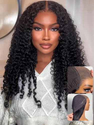 UNICE Bye Bye Slip Curly Human Hair Drawstring Wig With Finger Coil Ends Bye Bye Knots Glueless 7x5 Lace Wigs Pre Plucked Pre Cut Bleached Knots Black Wig 150% Density 20 inch