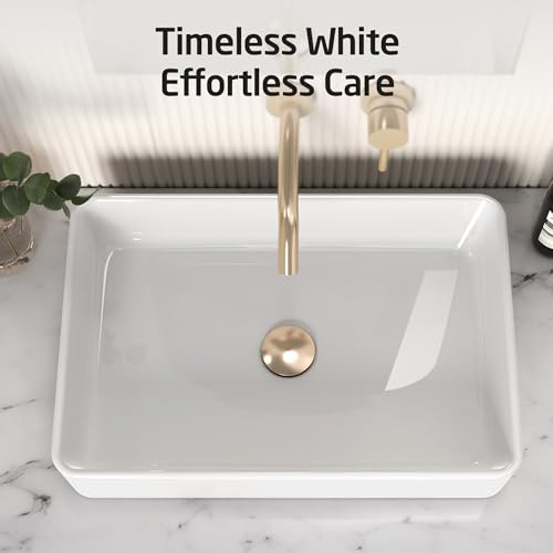 Image of KES 20 Inch Low Profile Vessel Sink, Large Rectangular White Ceramic Bathroom Sink Above Counter, Shallow Countertop Vanity Sink for Modern Farmhouse Antique Dresser Vanity, No Overflow, BVS123S50