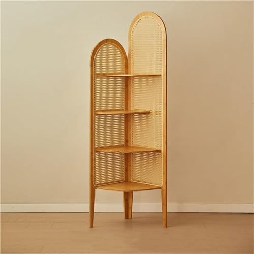 Vintage Rattan Corner Shelf - 4 Tier Modern Accent Display Bookcase for Living Room & Bedroom, Tall Standing Storage Organizer (Brown)