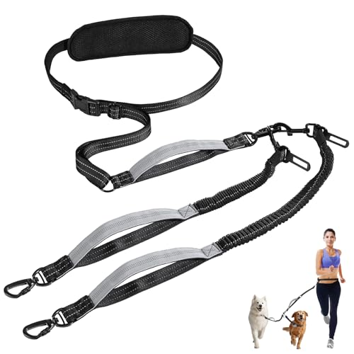 Tivray Guinzaglio per Cani a Mani Libere, Guinzaglio a Vita per 2 Cani, Doppio Guinzaglio Regolabile con Cintura Staccabile, Maniglie, Bungee Ammortizzante per Passeggiate,Jogging, Nero & Grigio