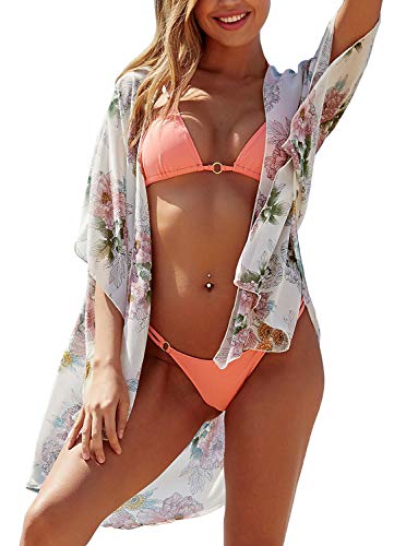 Women's Beach Kimono Jacket Sheer Cardigan Wide Bell Sleeve Sheer Open Floral Shirt Wrap Top (White, 2XL)