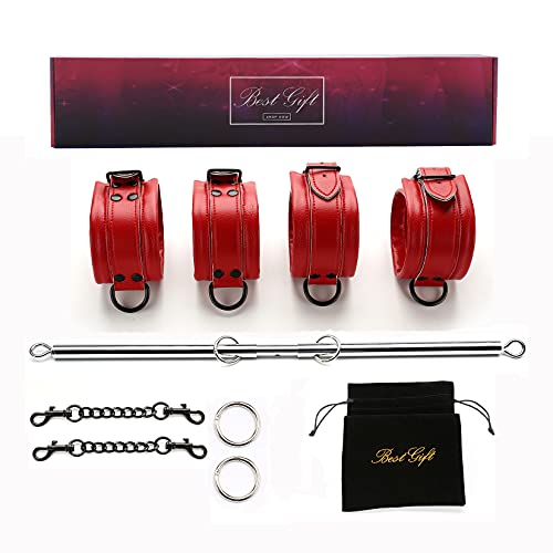 EXREIZST Expandable Spreader Bar with Bag and 4 Soft Leather Straps Set Adjustable Home Yoga Bar Set, Silver and Red