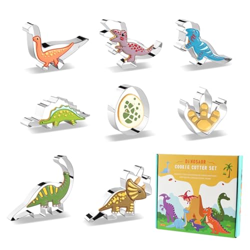 Dinosaur Cookie Cutters Set of 8, Stainless Steel Cookie Food Cutters Molds for DIY Kitchen Baking (Dinosaur)