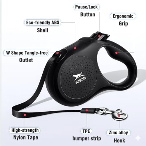 Image of Petology Retractable Dog Leash | 5 Meter (16ft) Nylon Tape | for Dogs Upto 25kgs | Heavy Duty Rope, 360 Tangle-Free, One-Hand Brake & Lock System, Anti-Slip Comfortable Grip