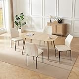 HIPIHOM 55.1' Modern Dining Table Set for 4, Scratch-Resistant Wood Table with 4 Black Leather Chairs, Stylish & Durable Dining Room Furniture, Space-Saving Kitchen Table Set for Family & Apartment