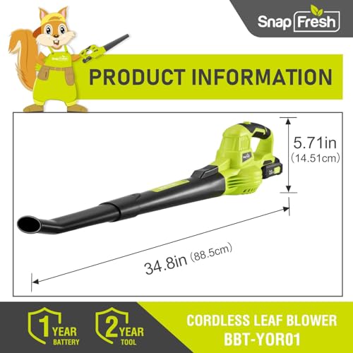 SnapFresh Cordless Leaf Blower - 20V Electric Leaf Blower with 2.0 Ah Battery and Charger - Lightweight 2-Speed Leaf Blower for Lawn Care and Yard/Garden/Patio Cleaning
