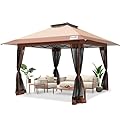 Quictent 13'x13’ Pop up Gazebo with Mosquito Netting, One Person Set up Outdoor Canopy Tent, Easy up Screened House Tent Shelter Vented for Patio, Backyard or Outdoor, Khaki Brown