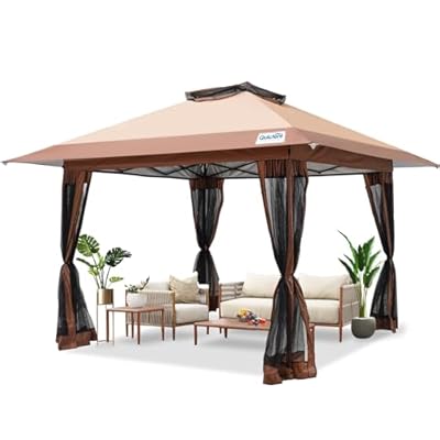 Quictent 13'x13’ Pop up Gazebo with Mosquito Netting, One Person Set up Outdoor Canopy Tent, Easy up Screened House Tent Shelter Vented for Patio, Backyard or Outdoor, Khaki Brown